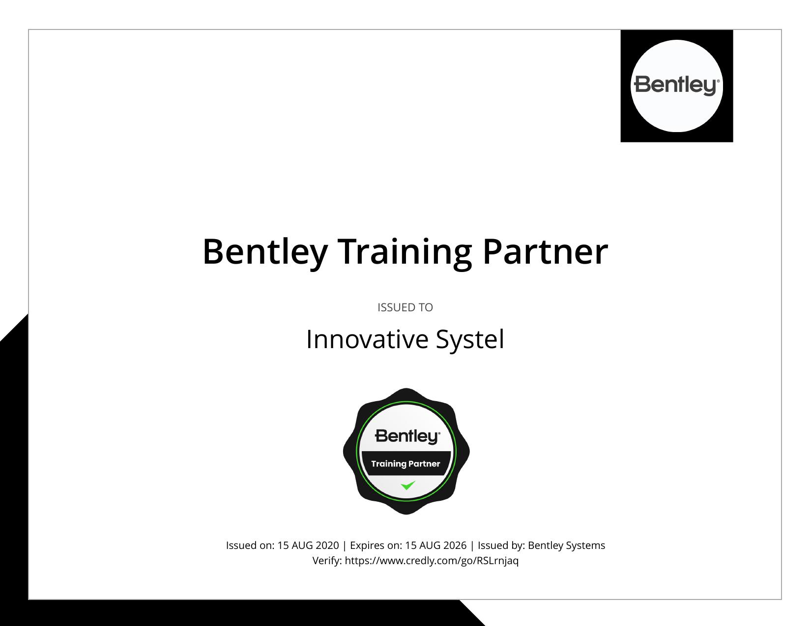 Bentley Training Partner certificate issued to Innovative Systel