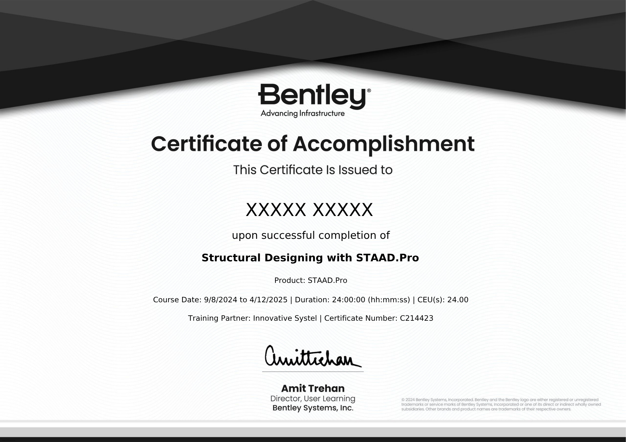 Sample Bentley Certificate of Accomplishment for Structural Designing with STAAD.Pro